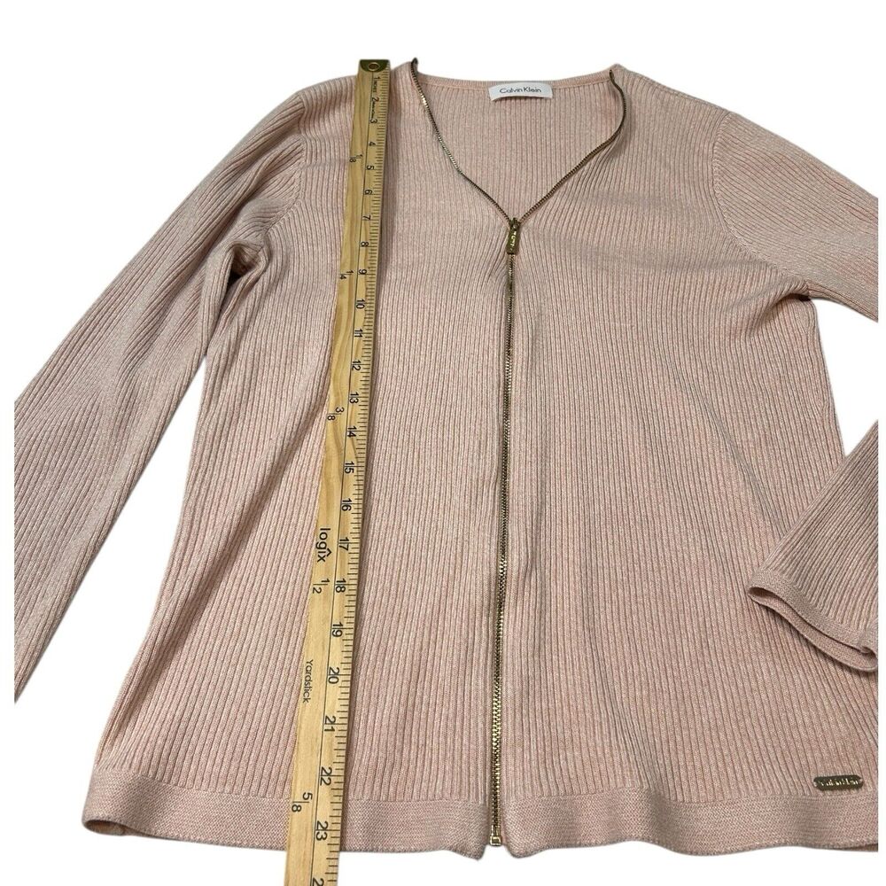 Calvin Klein Ribbed Zip Front Cardigan Sweater Pink Beige Neutral Long Sleeve - Picture 3 of 6